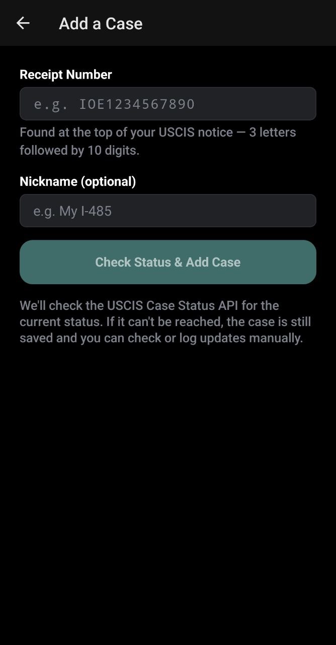 StatusPal Add Case screen for entering a USCIS receipt number, dark theme