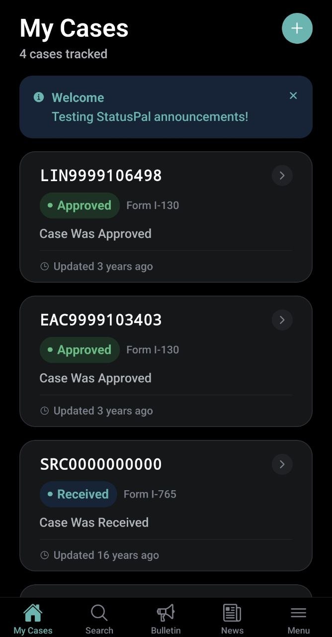 StatusPal My Cases screen, showing several tracked USCIS cases and their statuses, dark theme