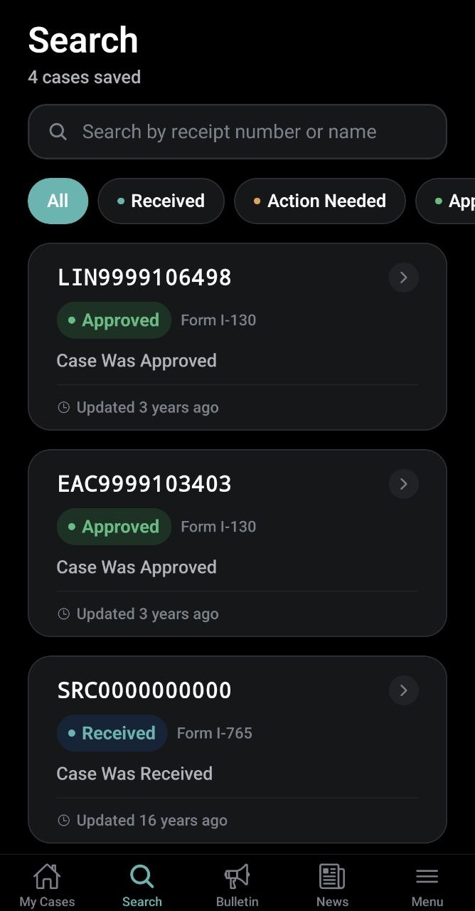 StatusPal Search screen, dark theme