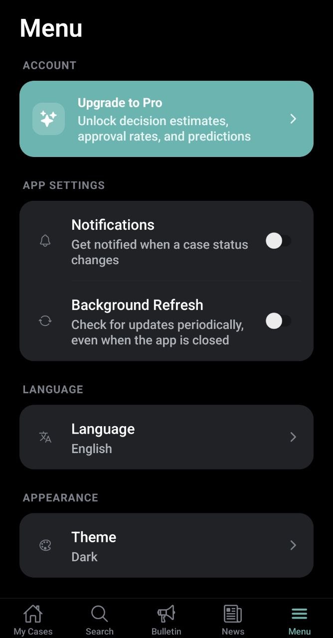 StatusPal Menu screen, dark theme
