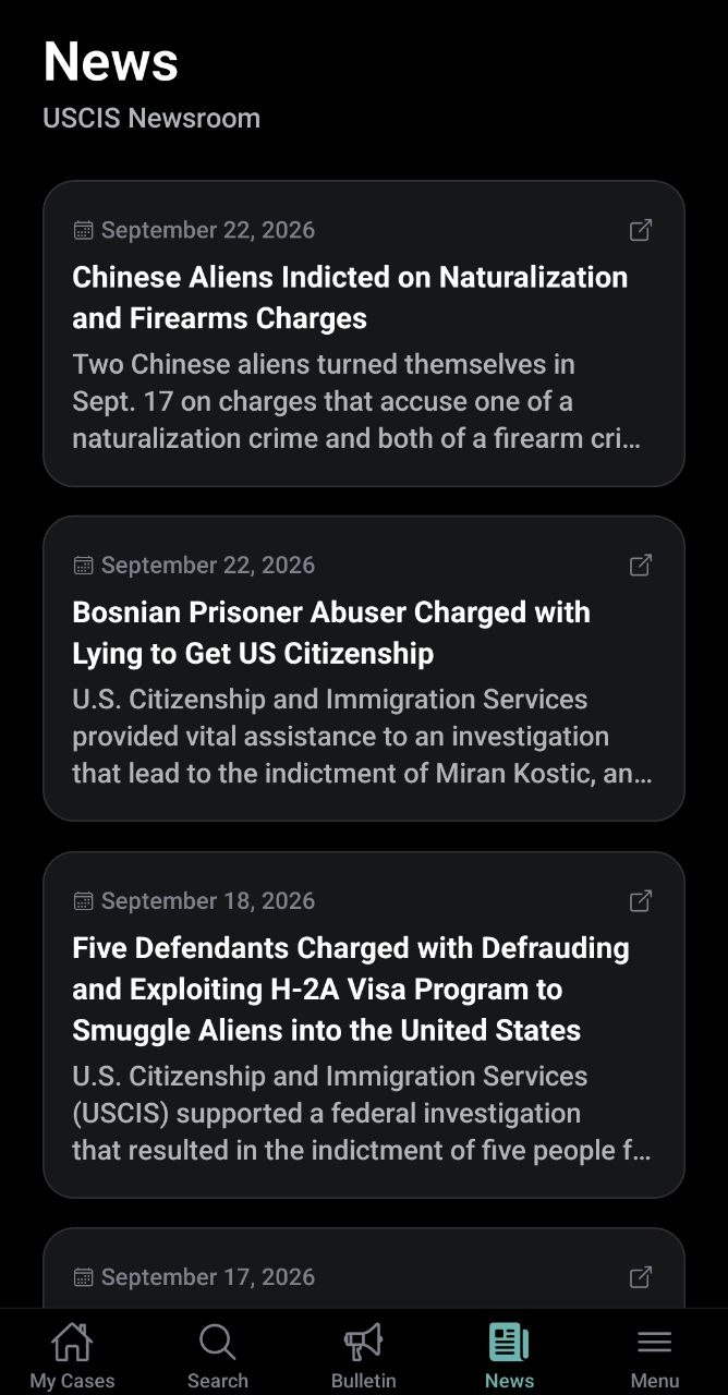 StatusPal News screen, dark theme