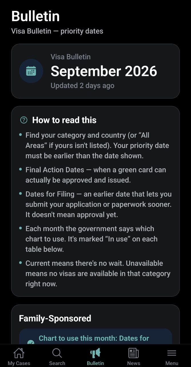 StatusPal Visa Bulletin screen, dark theme