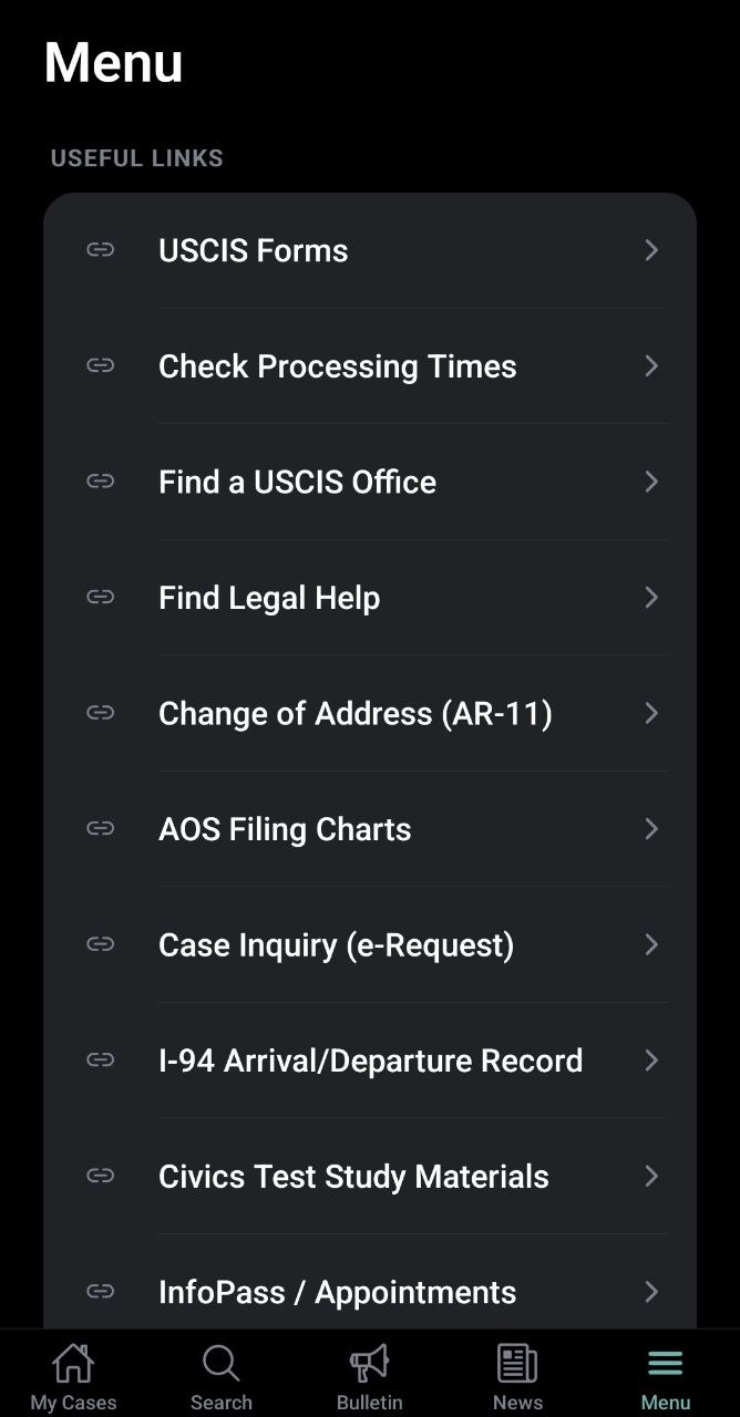 StatusPal Useful Links screen, dark theme