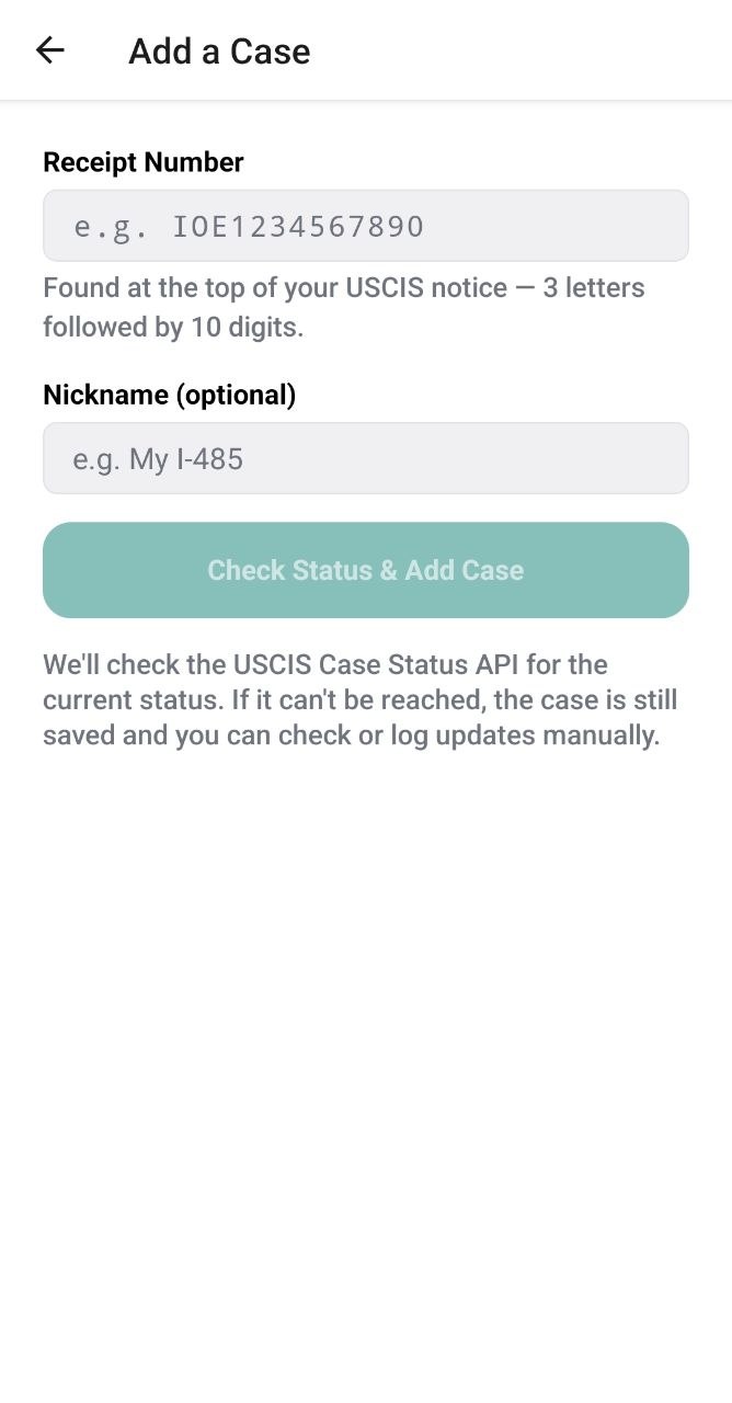 StatusPal Add Case screen for entering a USCIS receipt number