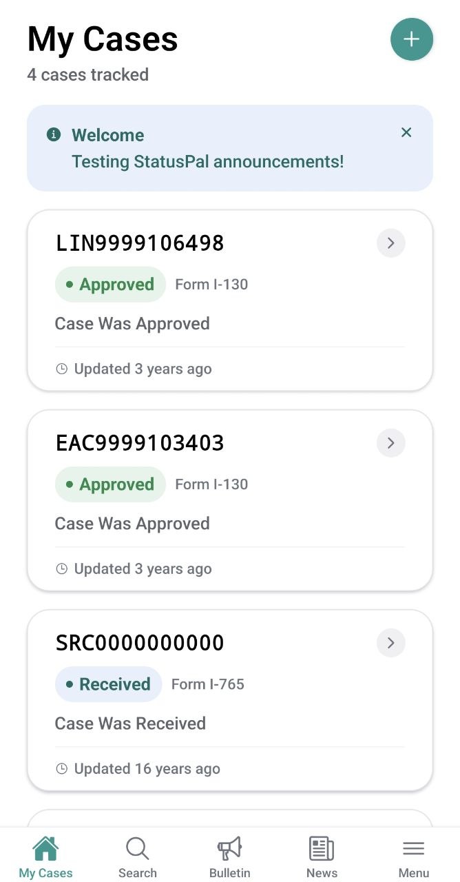 StatusPal My Cases screen, showing several tracked USCIS cases and their statuses