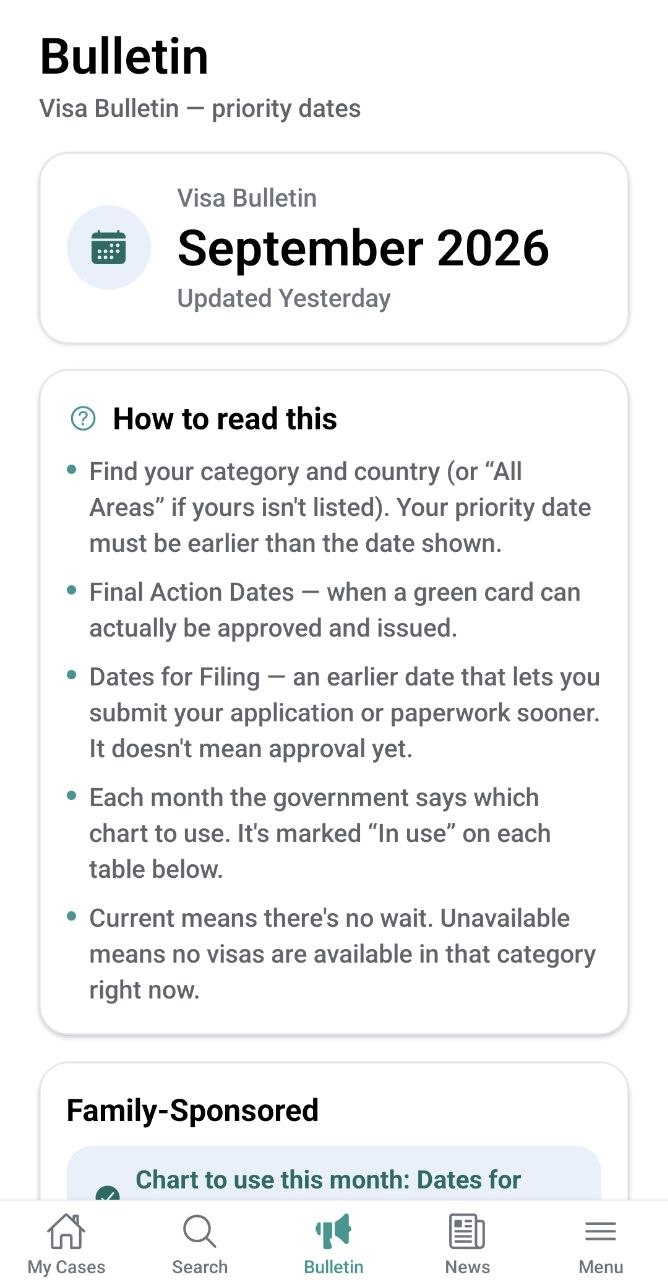StatusPal Visa Bulletin screen