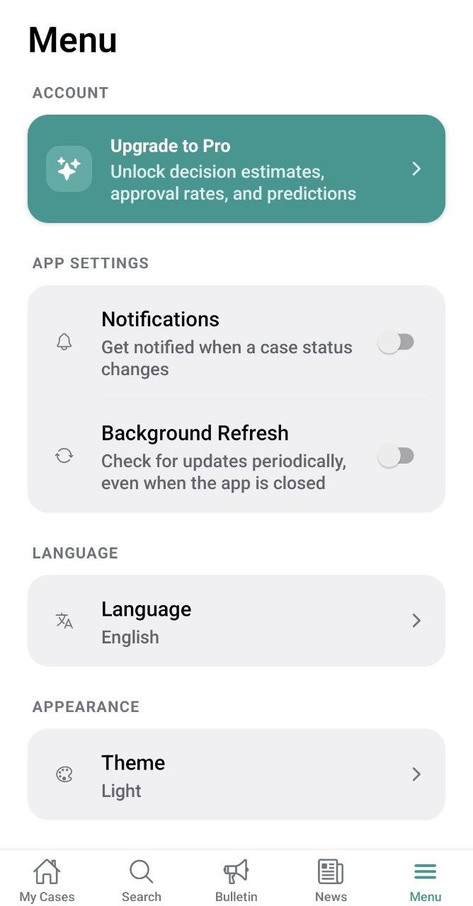 StatusPal Menu screen